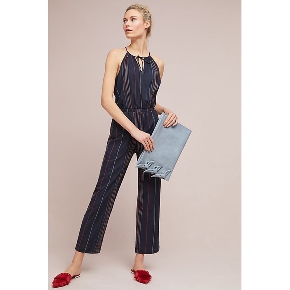 NWT!! Anthropologie DOLAN Rainbow Striped Halter Jumpsuit Embroidered Navy Blue - Picture 1 of 15